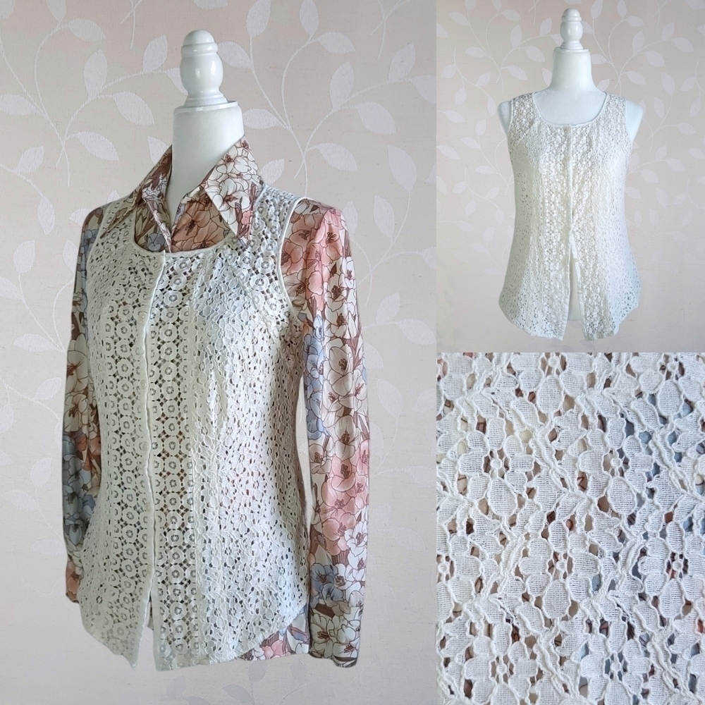 Vintage 90s Van Heusen Cream Floral Eyelet Button Front Sleeveless Top Vest XS